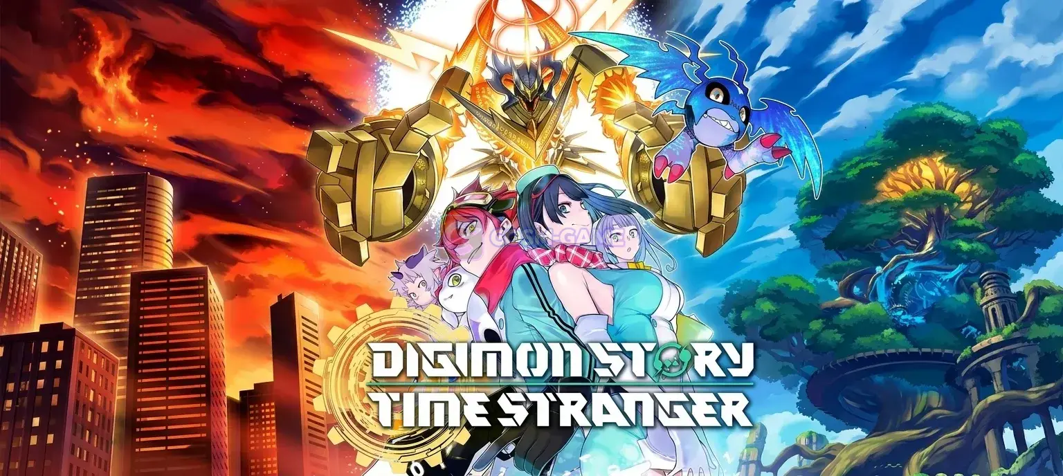 Digimon Story Time Stranger key art featuring human characters and Digimon.
