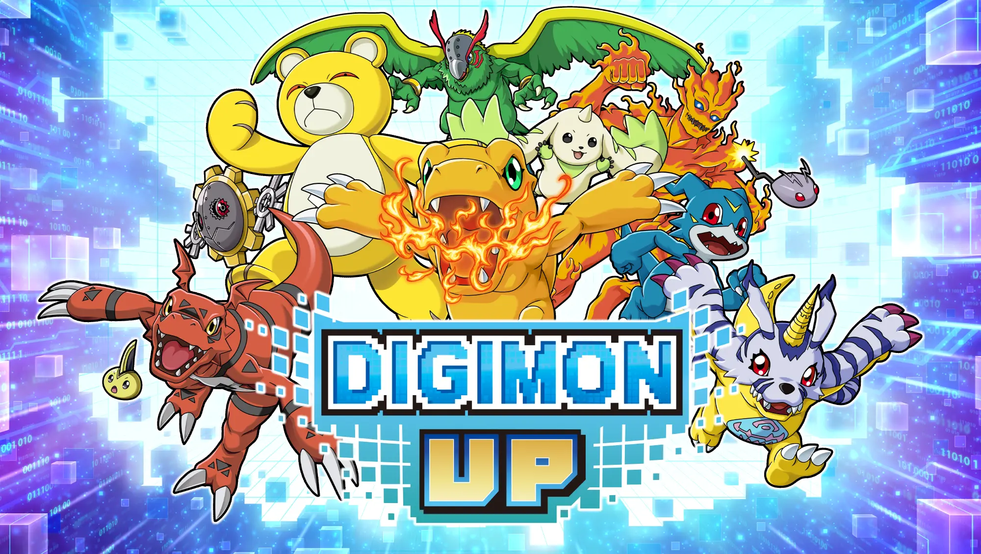 Agumon and a group of Digimon charge around the DIGIMON UP logo against a glowing digital backdrop.