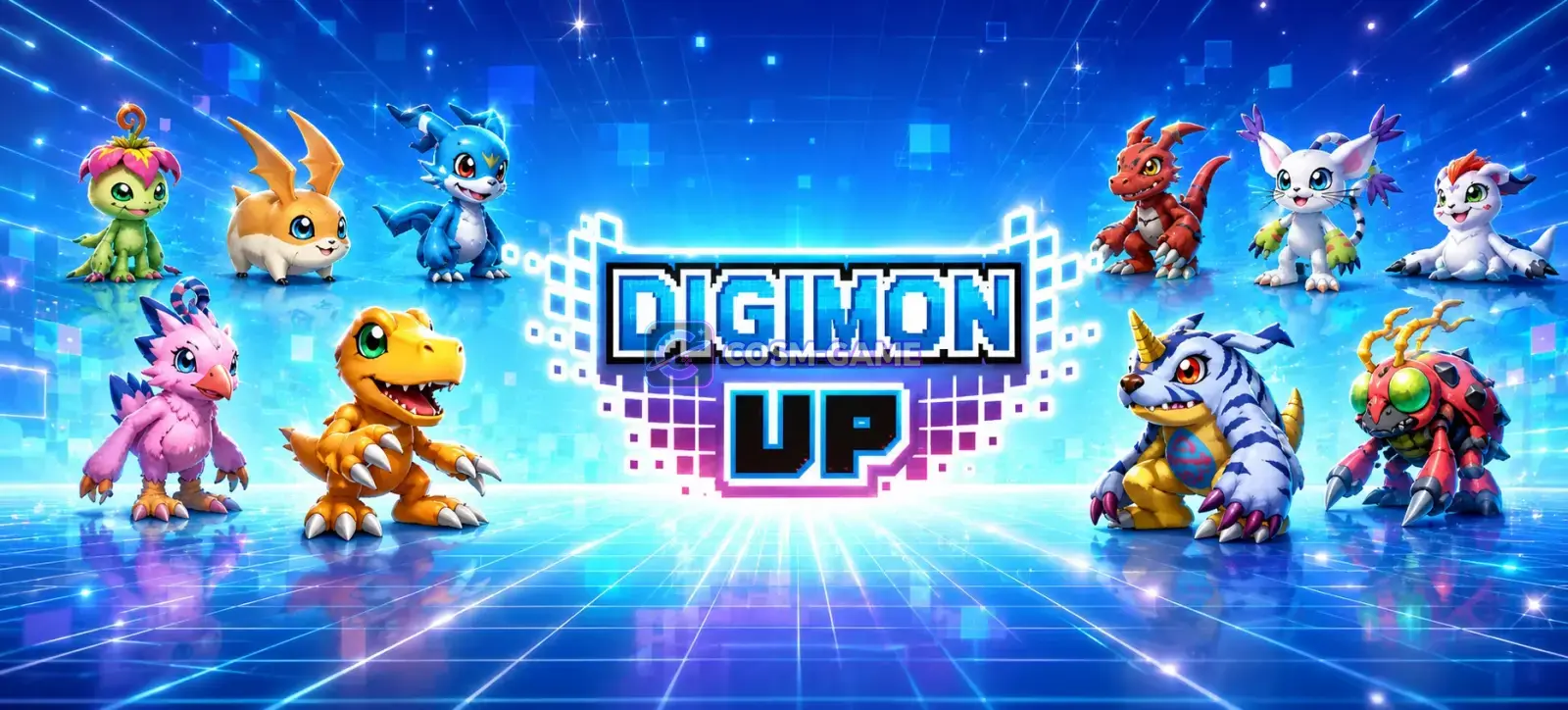 Agumon and other Digimon surround the DIGIMON UP logo against a bright digital-world background.