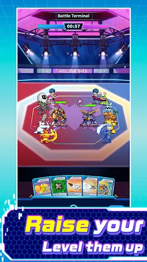 Pixel-art Digimon teams face each other inside the Battle Terminal with cards displayed along the bottom of the interface.