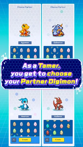 Partner selection interface presenting several pixel-art Digimon that a Tamer can choose at the start of the game.