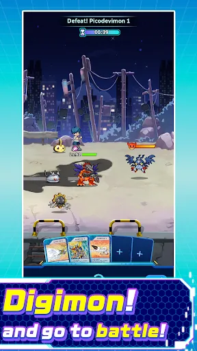 A group of pixel-art Digimon fights enemies in a nighttime city battle with Skill Cards shown below.