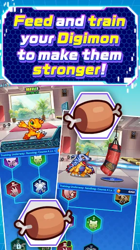 DIGIMON UP screens showing a Partner Digimon being fed and trained to improve its growth.