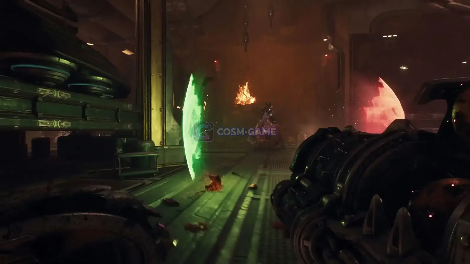 The DOOM Slayer raises the Shield Saw during a first-person fight with demons.