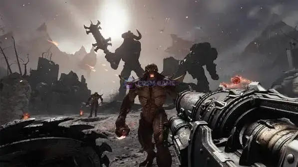 The DOOM Slayer fights demons during a large first-person combat encounter.