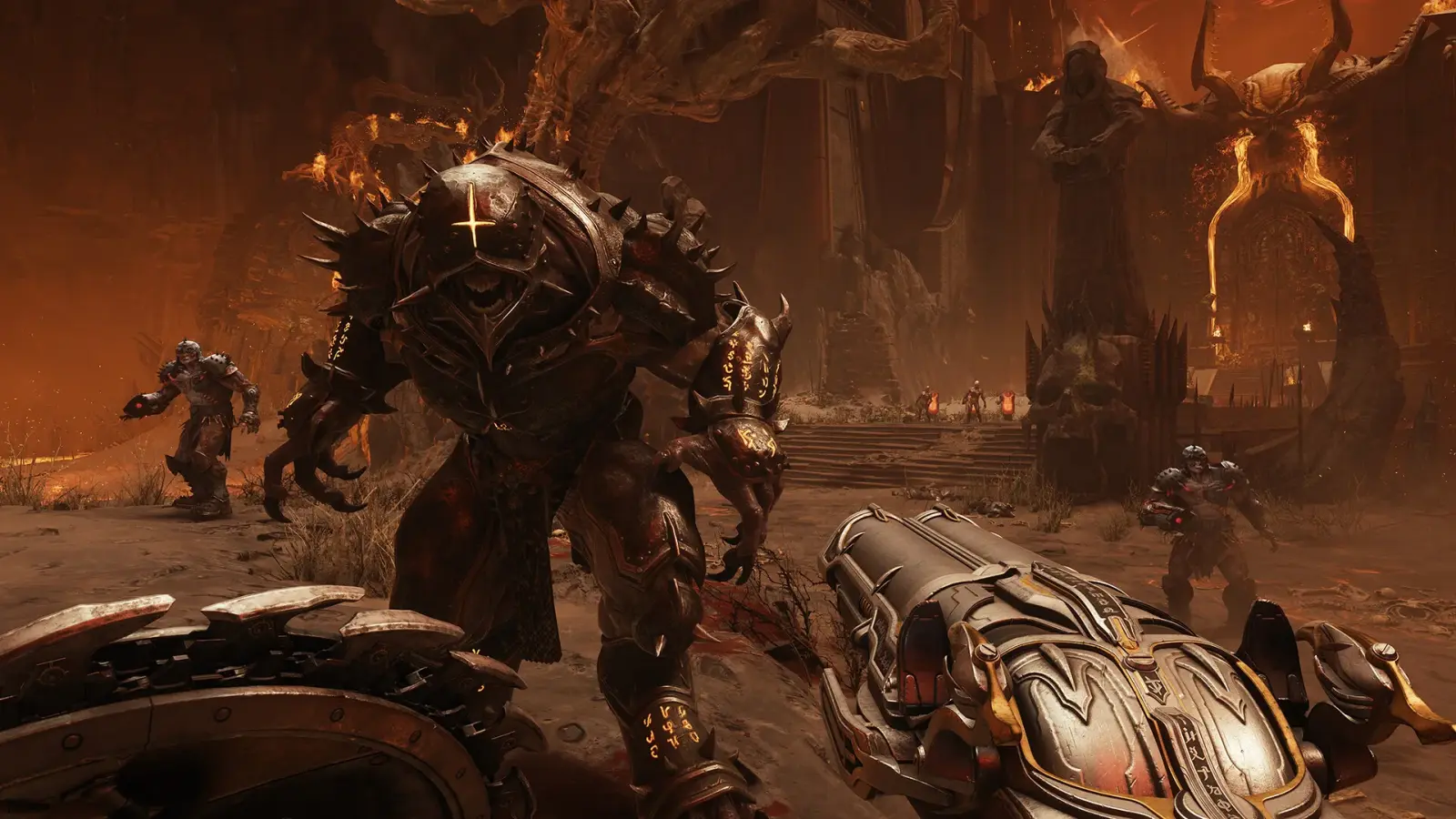 The DOOM Slayer aims a heavy weapon at a charging demon with larger enemies visible across the battlefield.