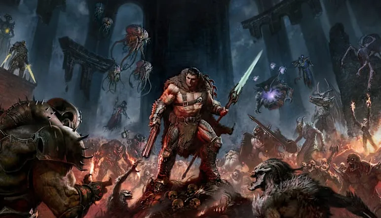 DOOM Slayer holding the Chain Spear in official Revelations key art