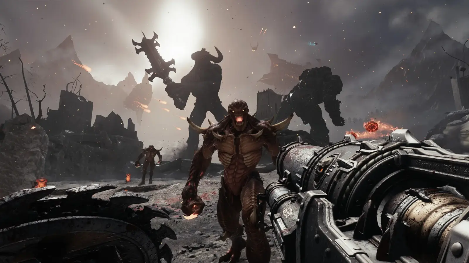 The DOOM Slayer faces several demons in a dark gothic environment from a first-person perspective.