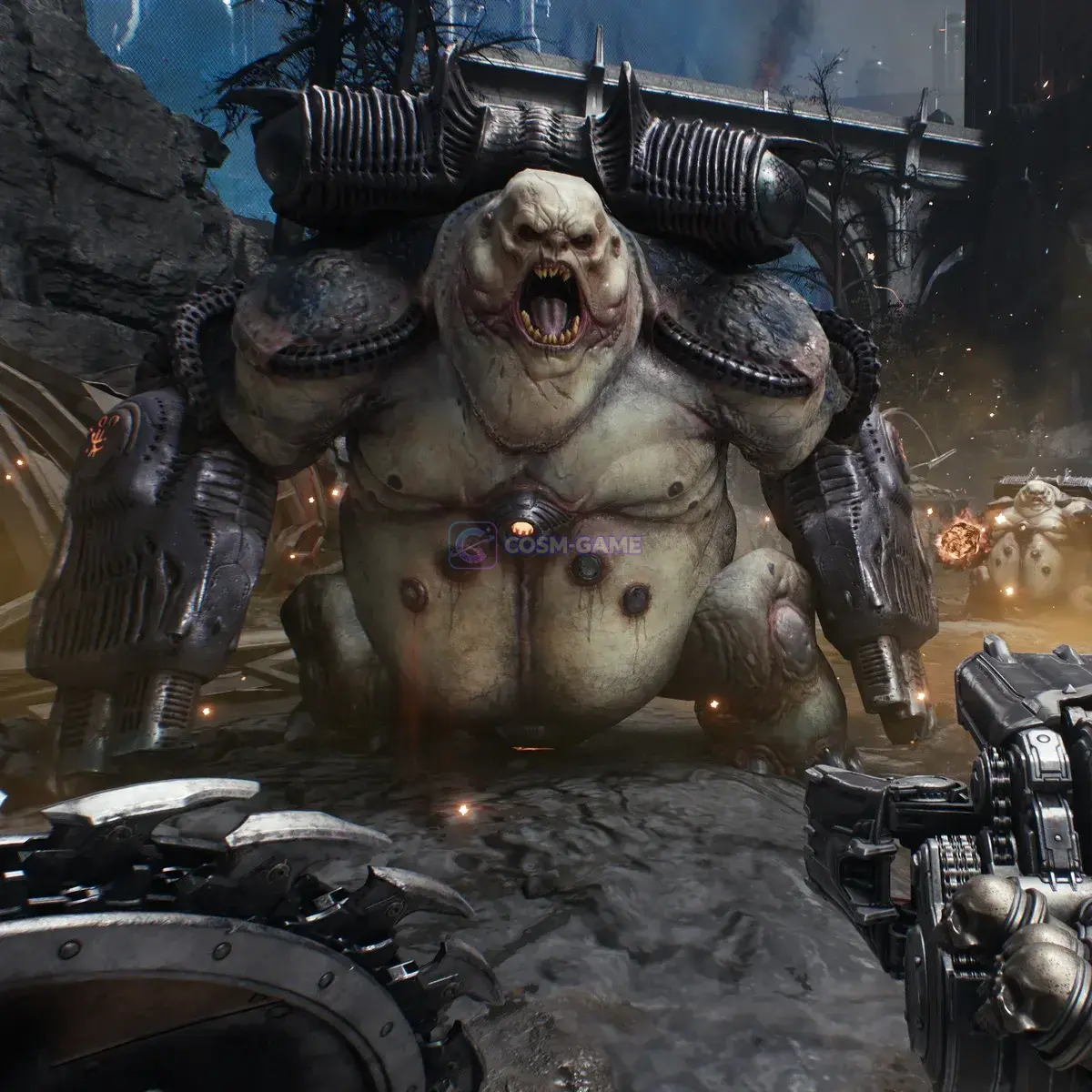 The DOOM Slayer moves through a large dark battlefield filled with medieval structures.