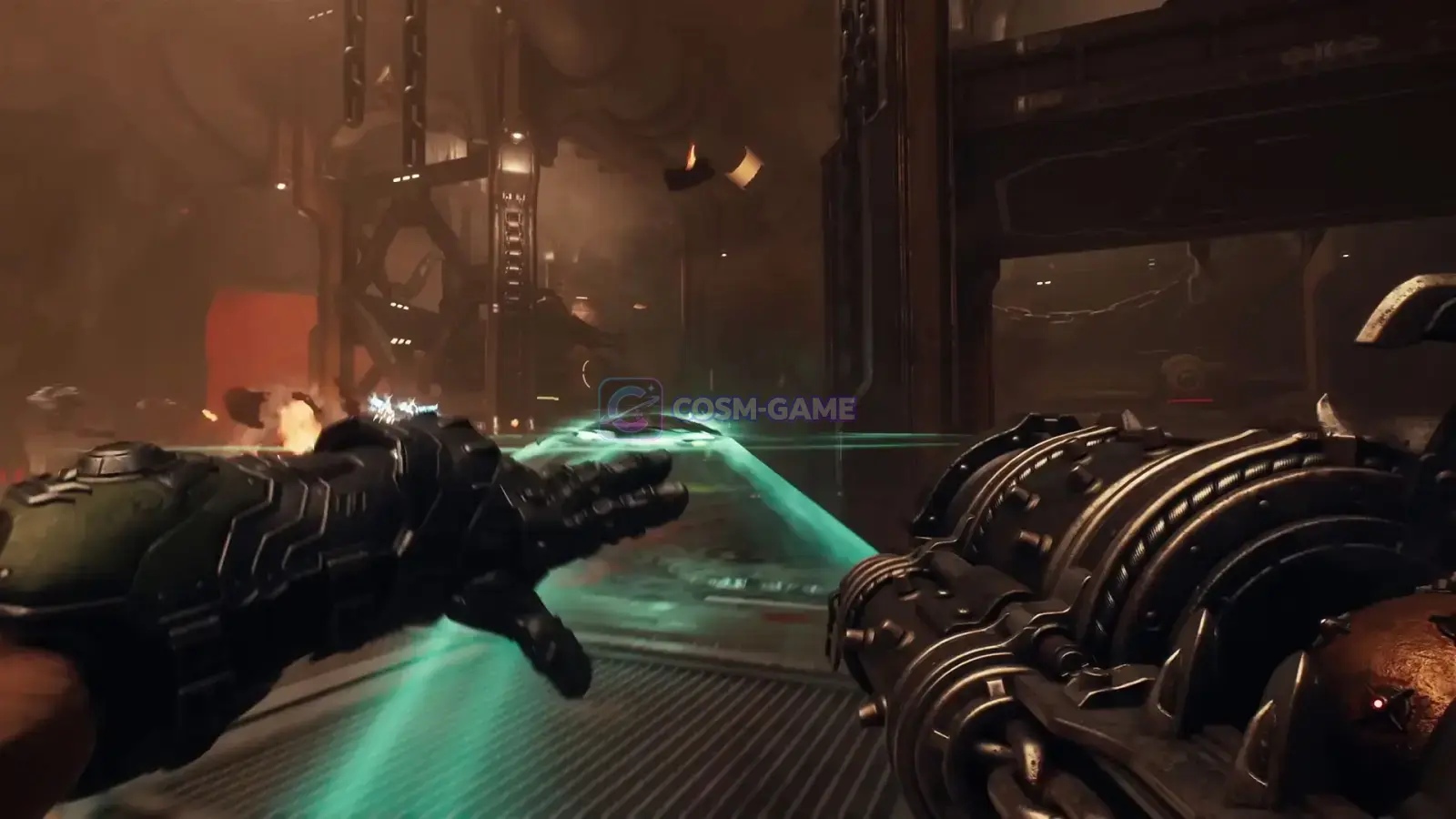 The Shield Saw is thrown toward an enemy during first-person combat.