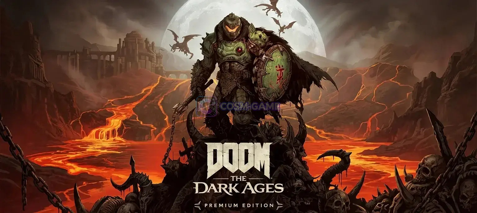 The armored DOOM Slayer stands ready for battle against a hellish medieval backdrop.