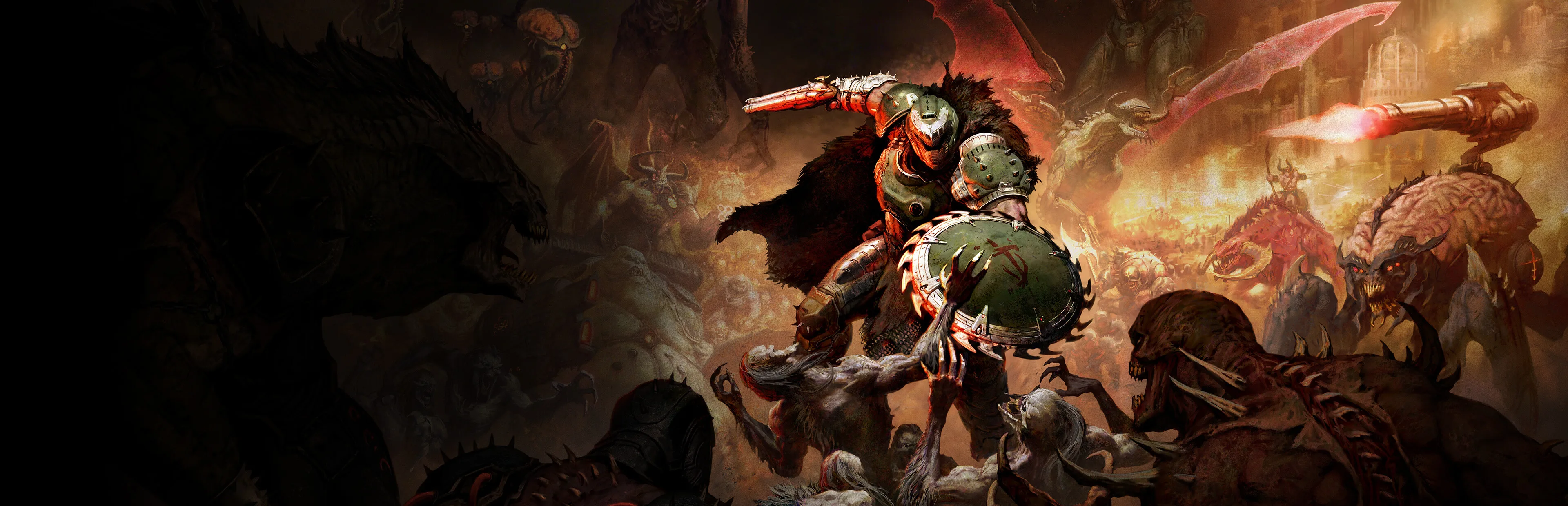 The DOOM Slayer stands in a dark medieval battlefield surrounded by demonic forces.