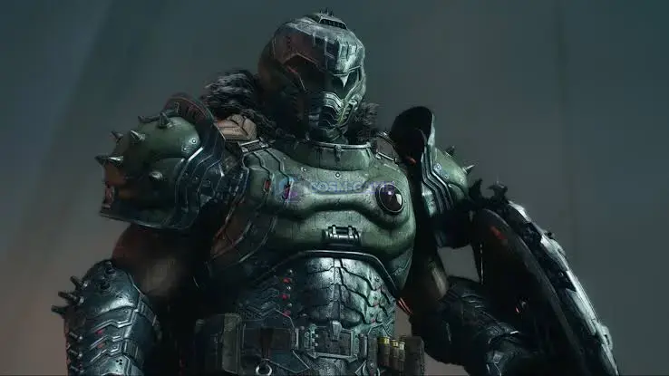 The armored DOOM Slayer stands in a dark medieval environment.