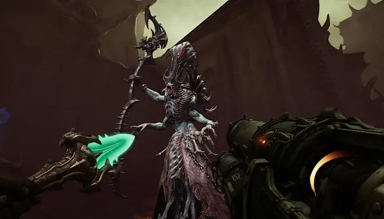 The Slayer prepares to use the Chain Spear against a Warlock demon.
