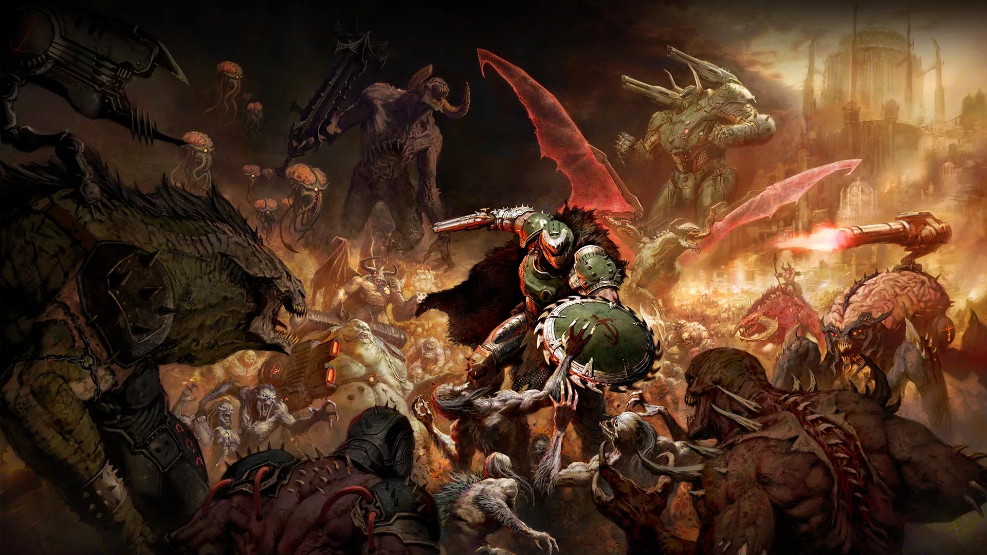 The DOOM Slayer facing the armies of Hell with a gun and bladed shield