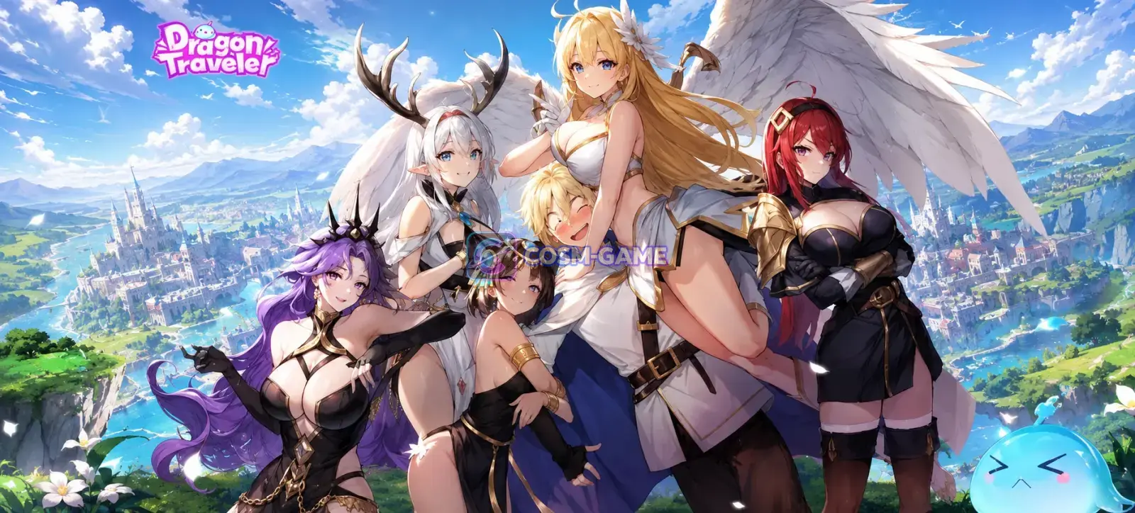 A Dragon Traveler party attacks enemies on a grassy battlefield as blue and gold skill effects spread across the ground.