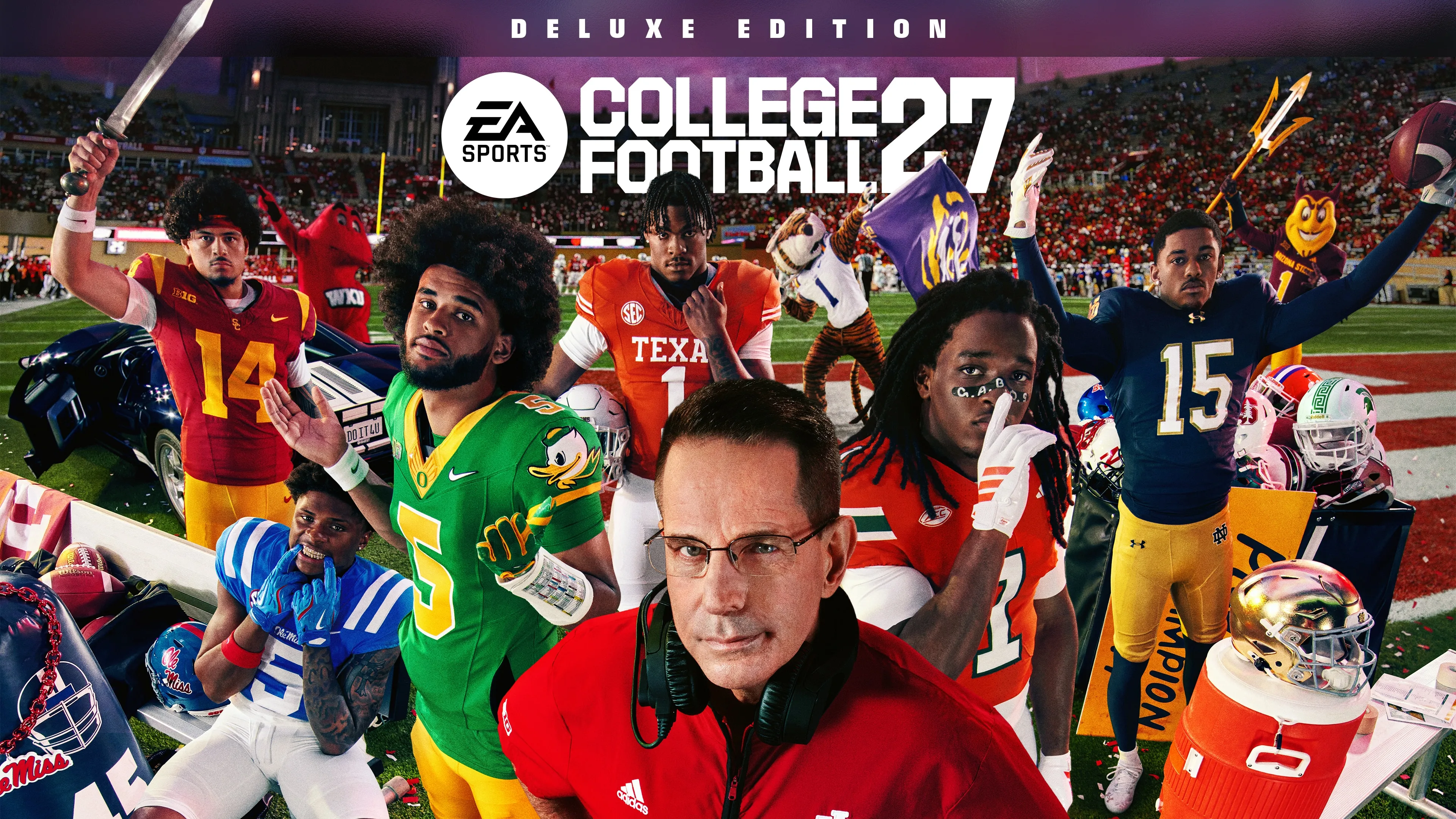 College players, coaches, mascots and a packed stadium in EA SPORTS College Football 27 key art.