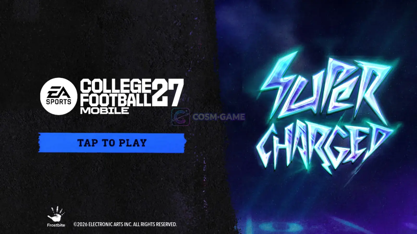 EA SPORTS College Football Mobile screen beside the glowing blue Supercharged event logo