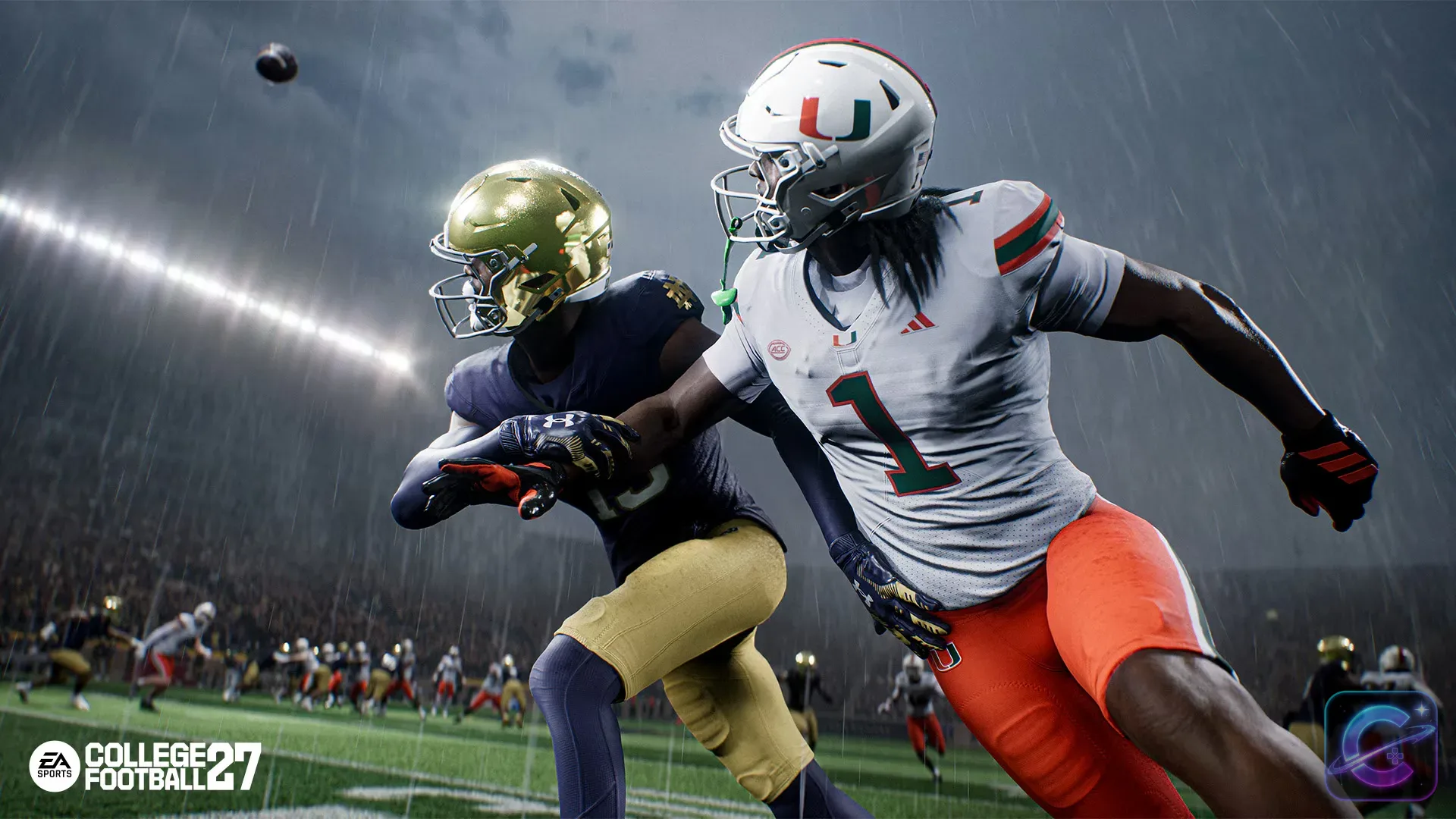 Miami and Notre Dame players battle for a pass during a rain-soaked night game in EA SPORTS College Football 27.