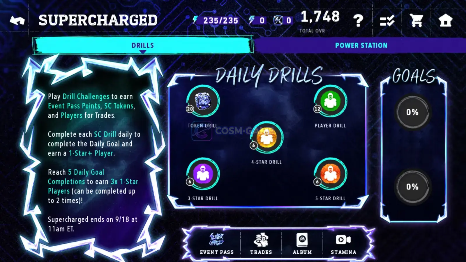 Supercharged Drills tab showing daily drill rewards and event progression