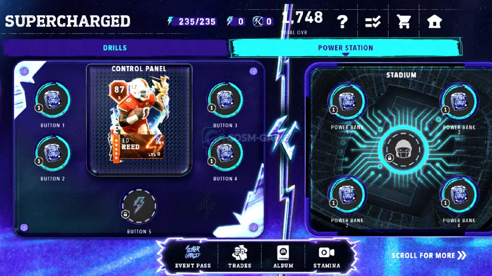 Supercharged Power Station with an Ed Reed player card surrounded by upgradeable power banks