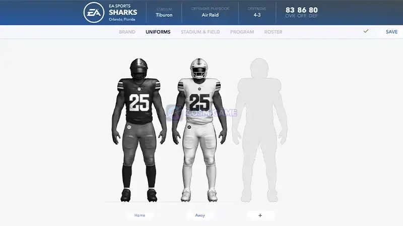 EA SPORTS College Football 27 Team Builder Uniforms screen showing custom home and away football uniforms