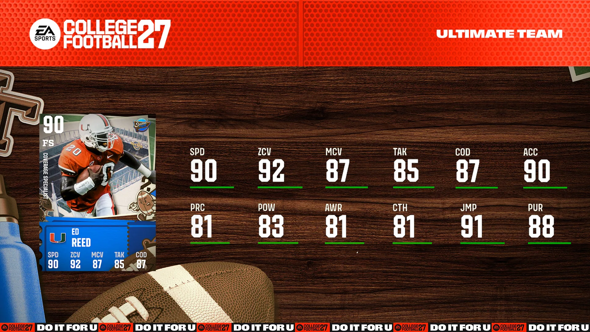 EA SPORTS College Football 27 Ultimate Team card showing Ed Reed as a 90 OVR Coverage Specialist FS for Miami