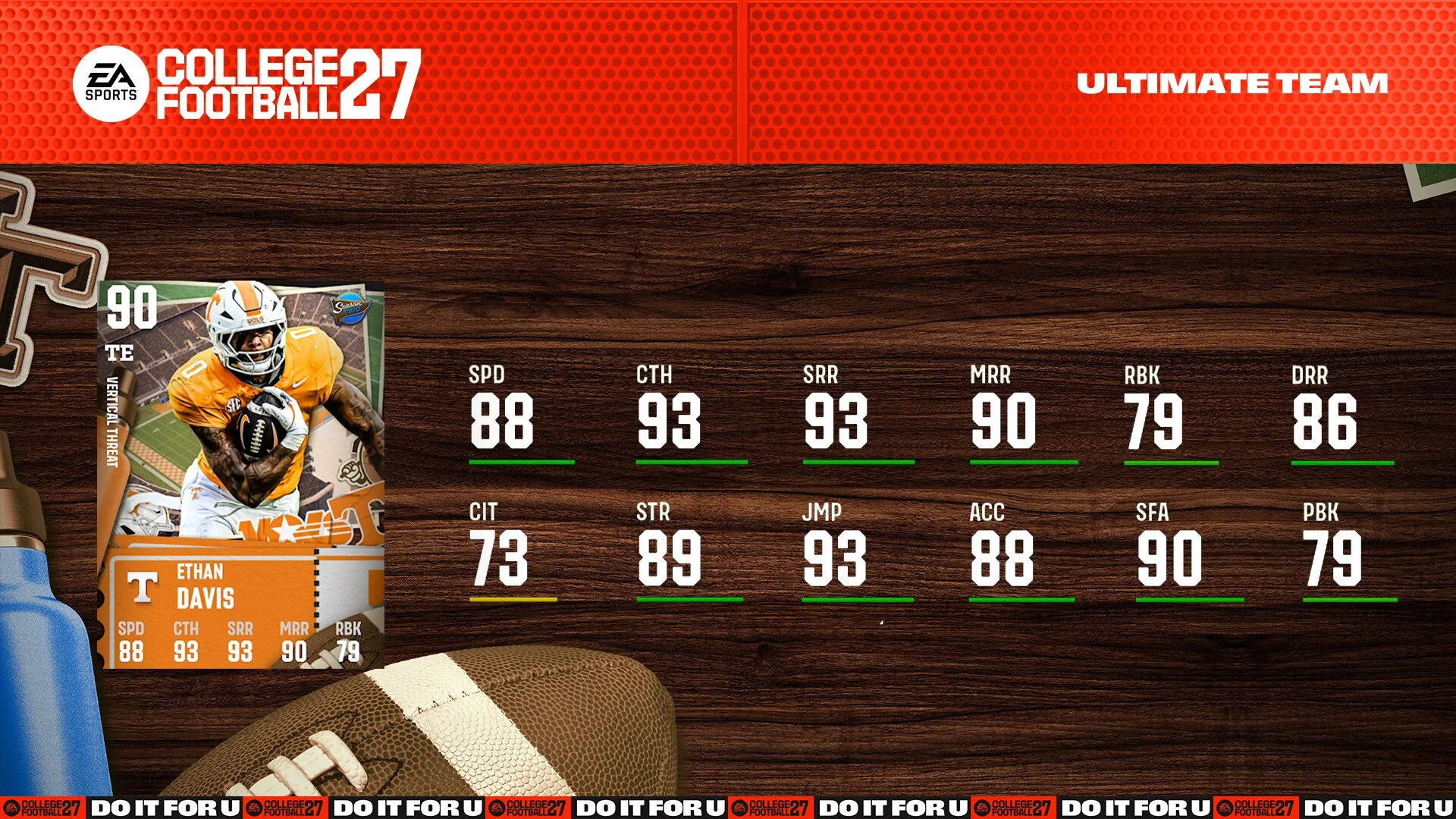 EA SPORTS College Football 27 Ultimate Team card showing Ethan Davis as a 90 OVR Vertical Threat TE for Tennessee