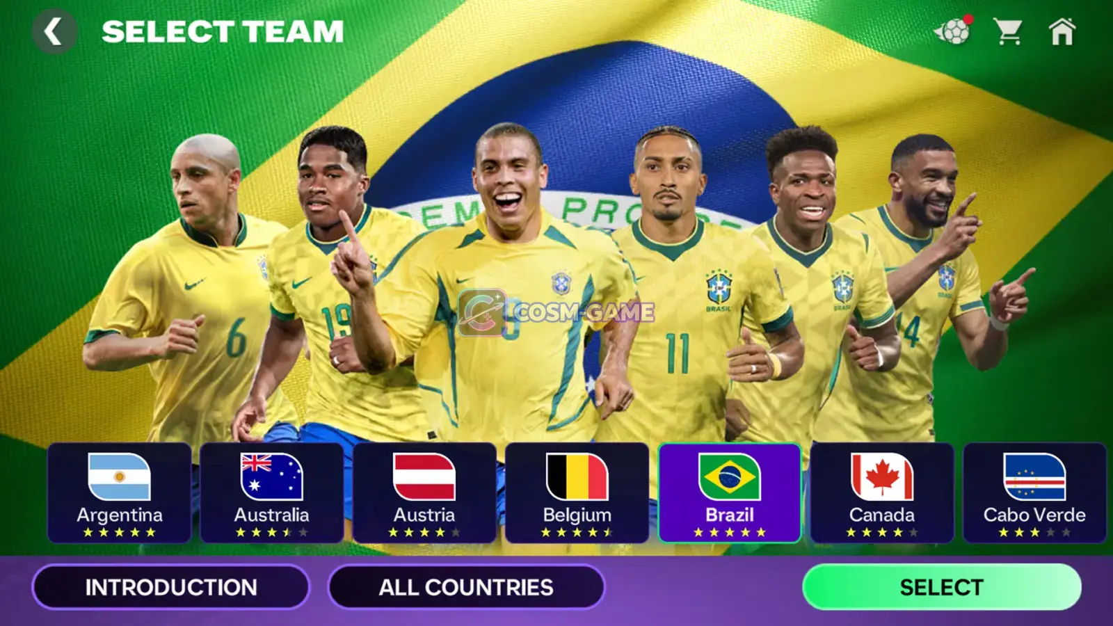 Brazil legends and current stars appear on the national team selection screen.