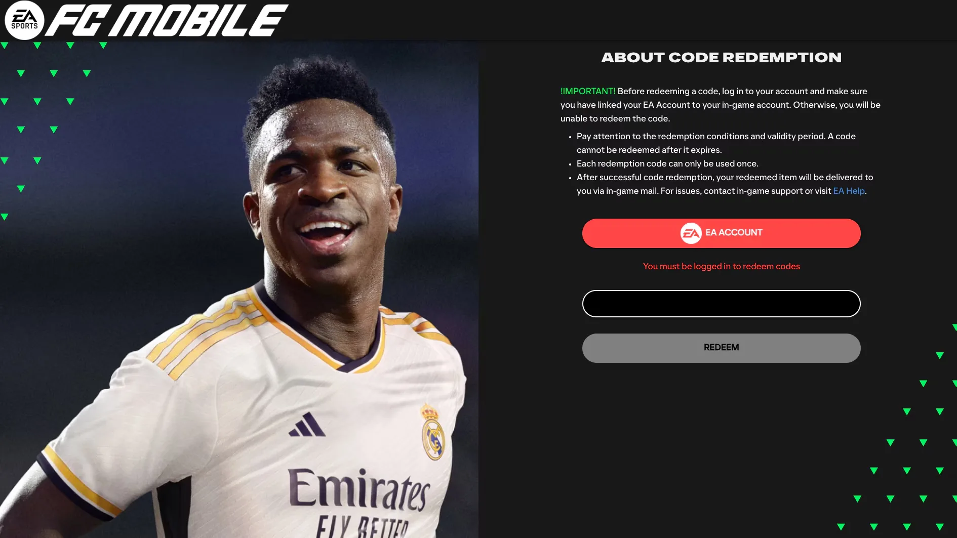 FC Mobile Code Redemption page showing EA Account login and the code entry area