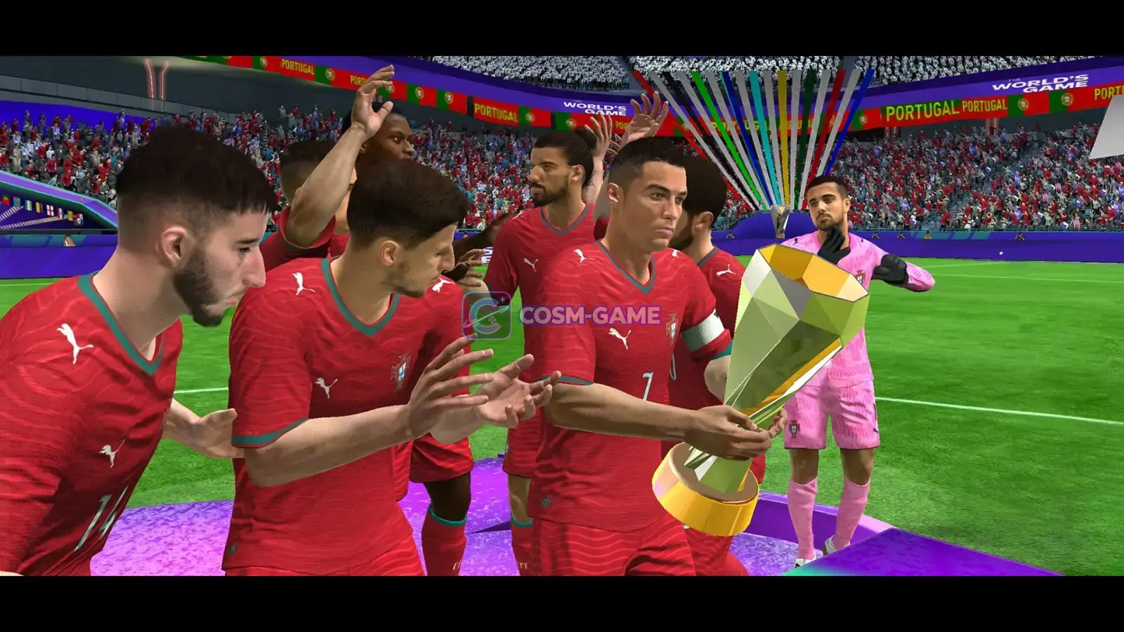 Portugal players celebrate with The World's Game trophy after winning a tournament.