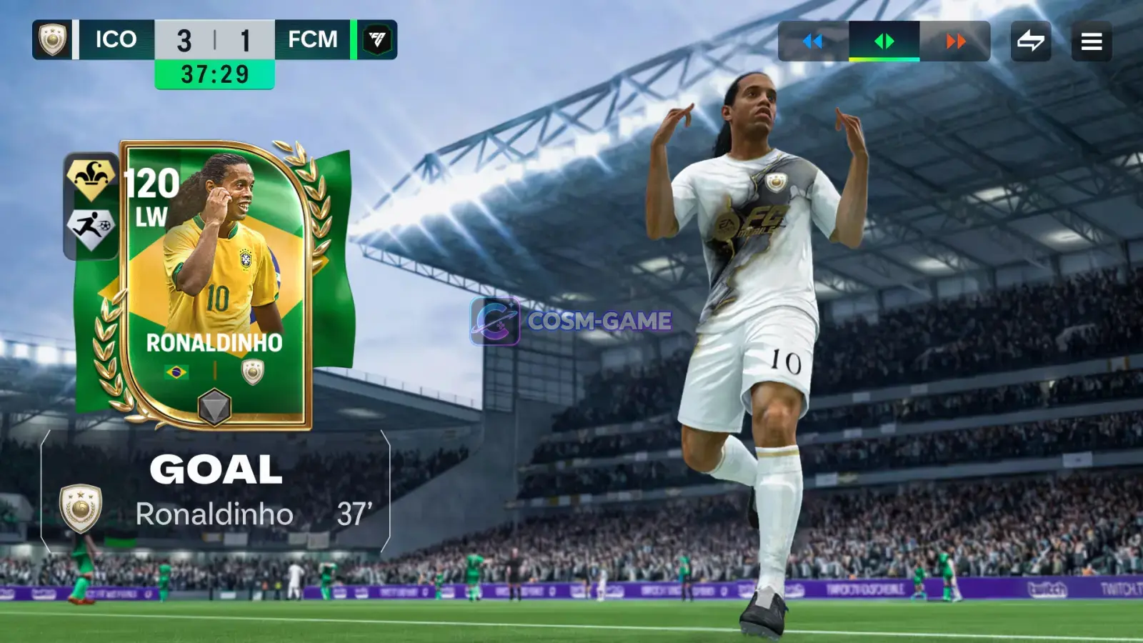 Ronaldinho celebrates a goal while his Player Item and PlayStyle icons appear on screen.