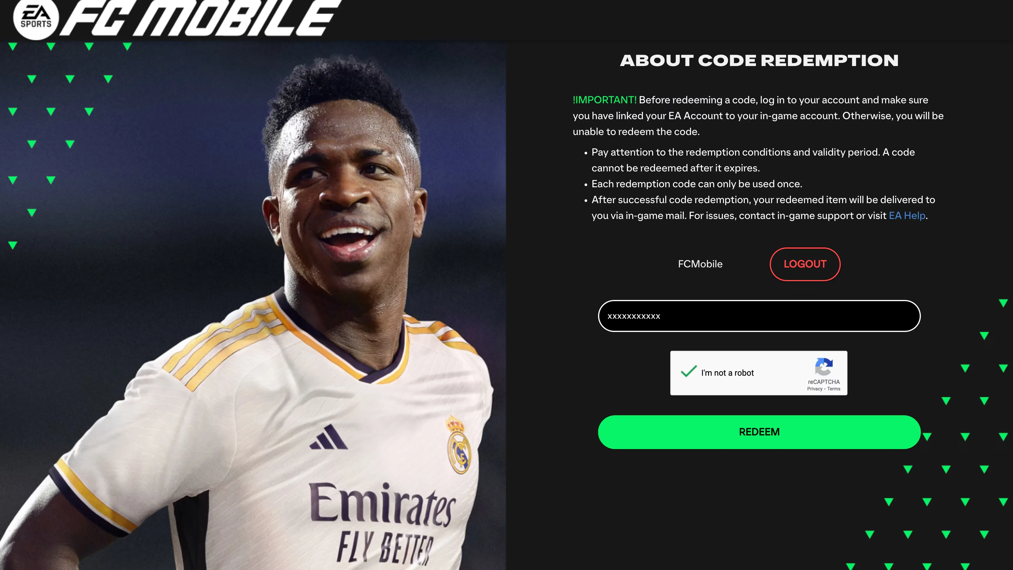 Signed-in FC Mobile Code Redemption page with code field reCAPTCHA and REDEEM button