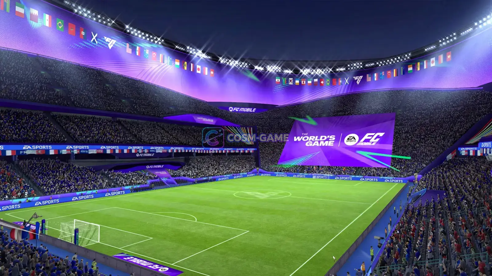 The World's Game stadium features national flags, purple lighting, and a packed crowd.