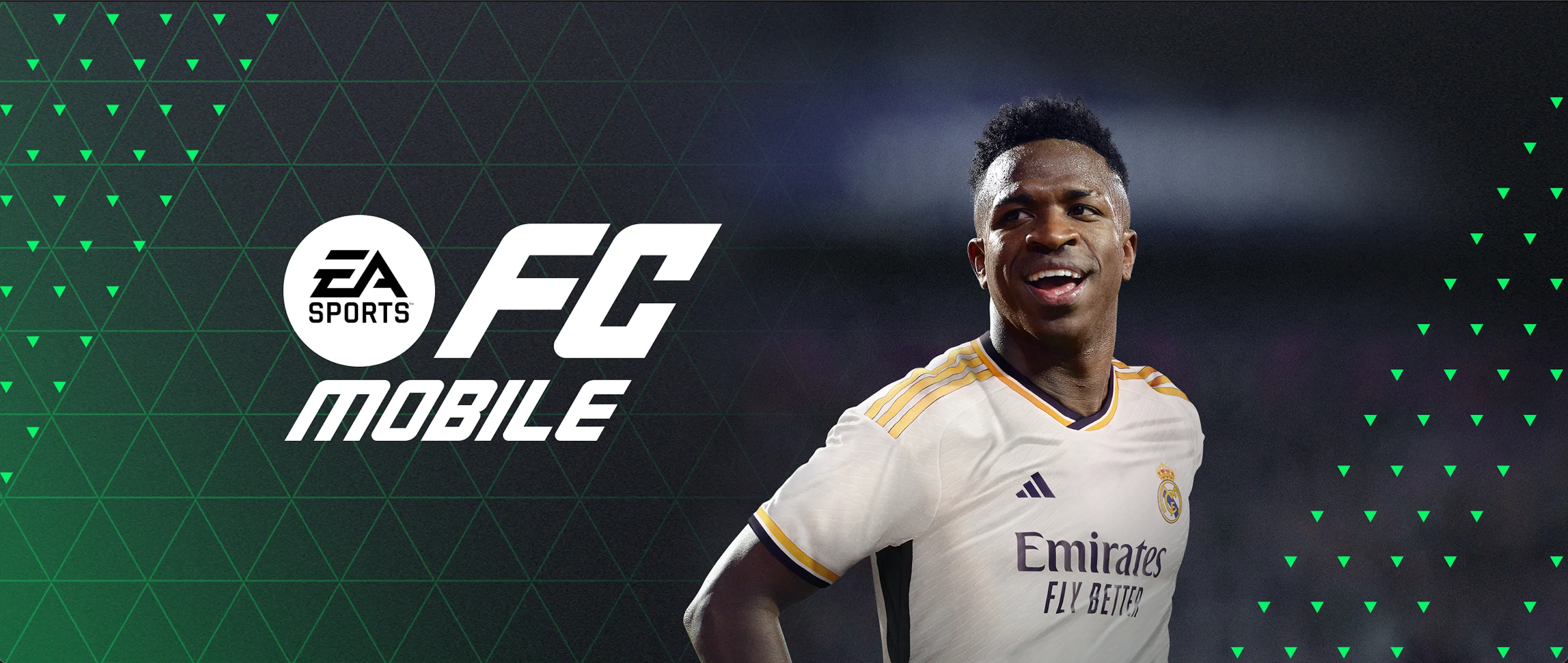 Vinicius Junior appears in a Real Madrid kit beside EA SPORTS FC Mobile branding.