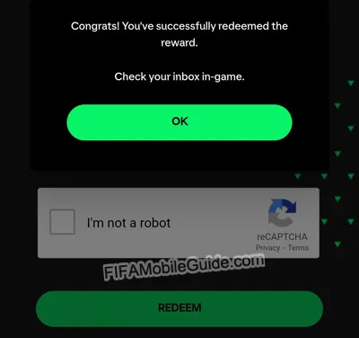 Screenshot showing a successful FC Mobile redemption message.