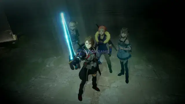 A party of four characters stands inside a dark Aincrad dungeon while the lead character raises a glowing blue sword.