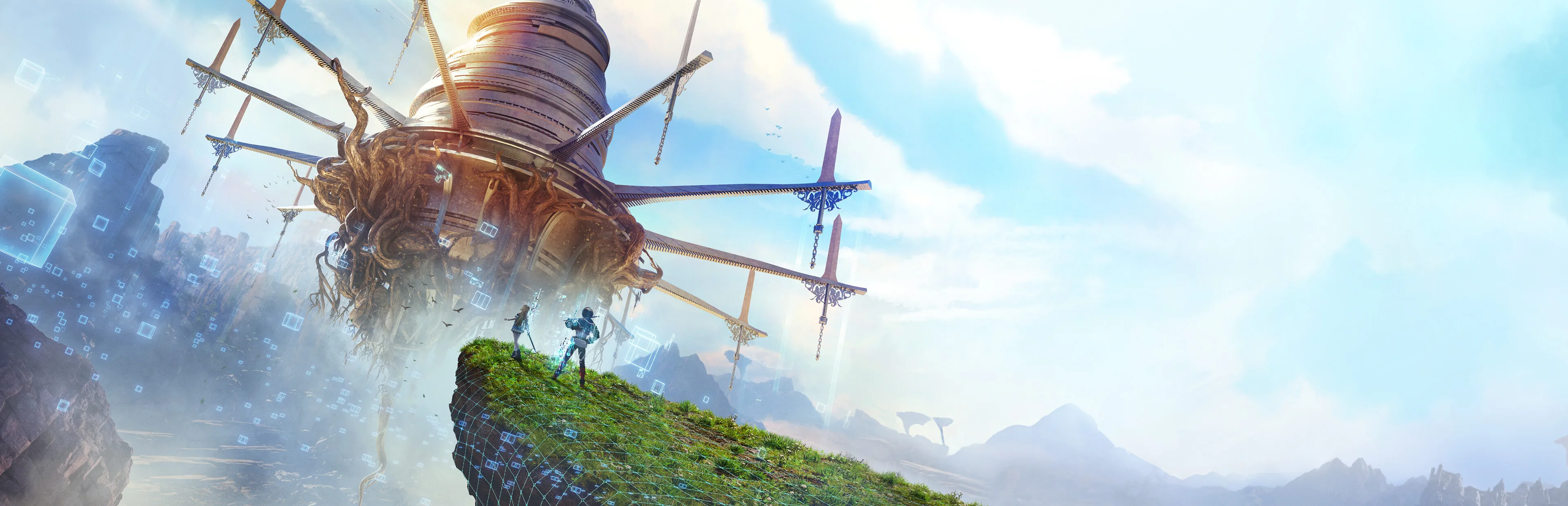 Two adventurers stand on a grassy cliff beneath the enormous floating castle of Aincrad.
