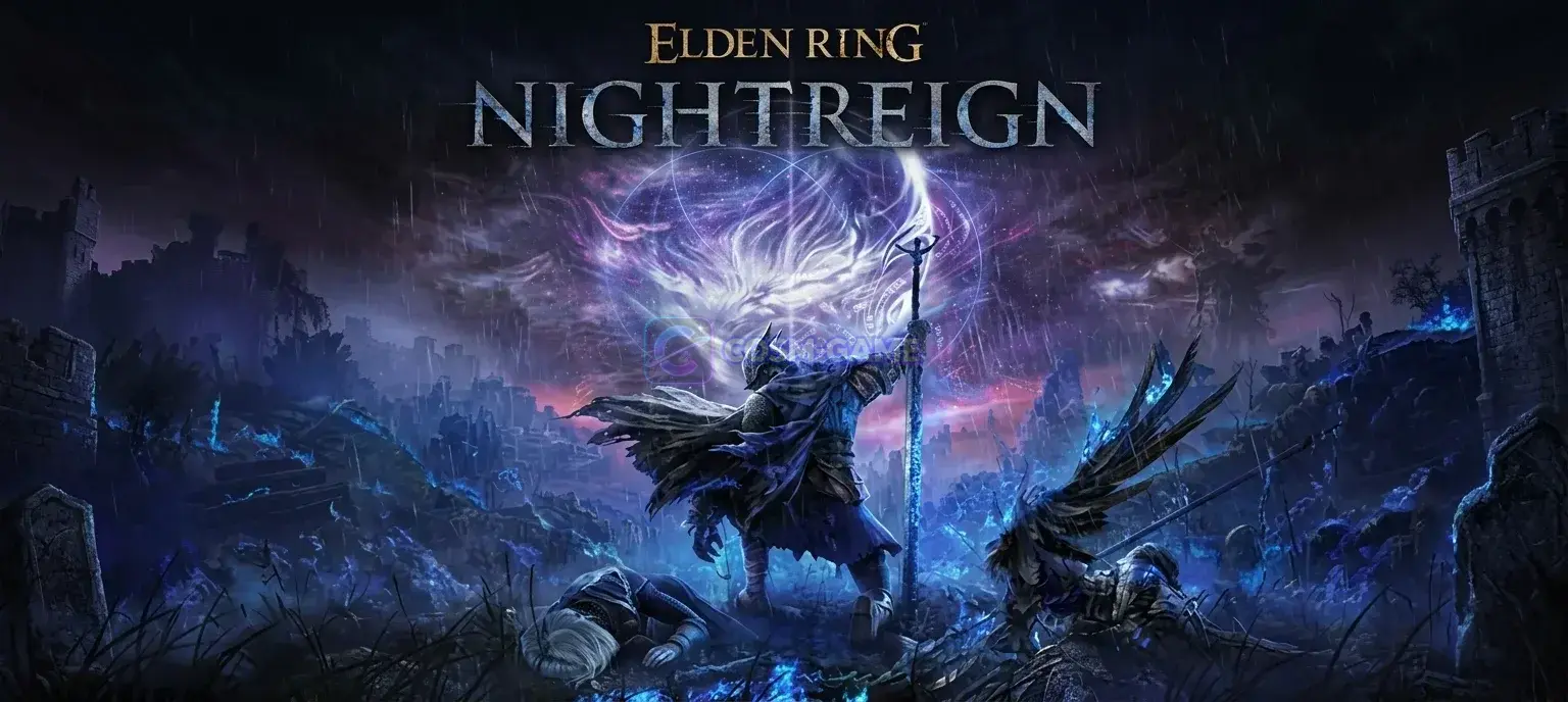 Nightfarers stand together beneath a dark fantasy sky in ELDEN RING NIGHTREIGN key art.