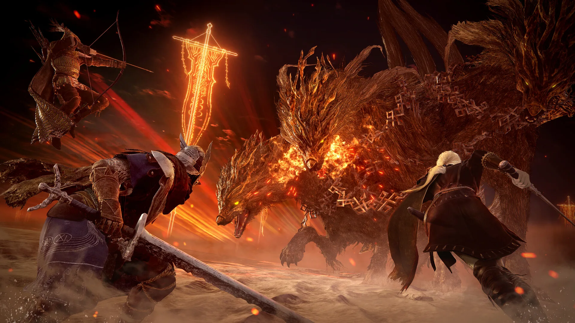 Three Nightfarers confront a massive three-headed beast amid fire and glowing red light.