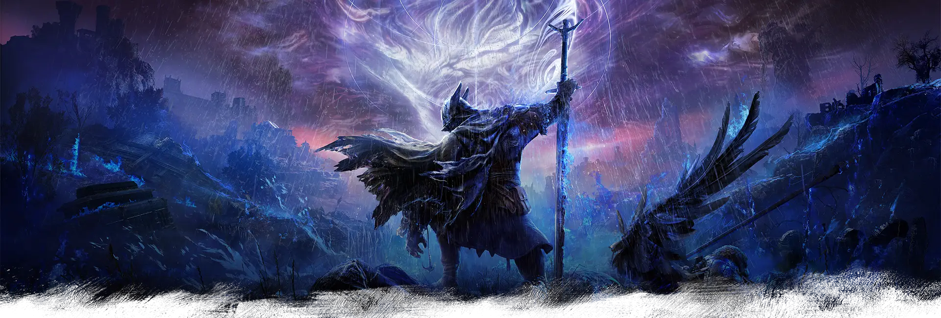 Wylder faces a swirling night storm beside a fallen Guardian in ELDEN RING NIGHTREIGN key art