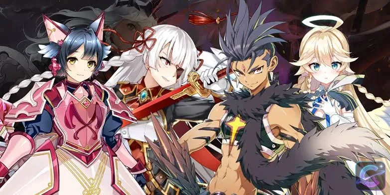 Four Epic Seven heroes pose together in detailed fantasy battle outfits.