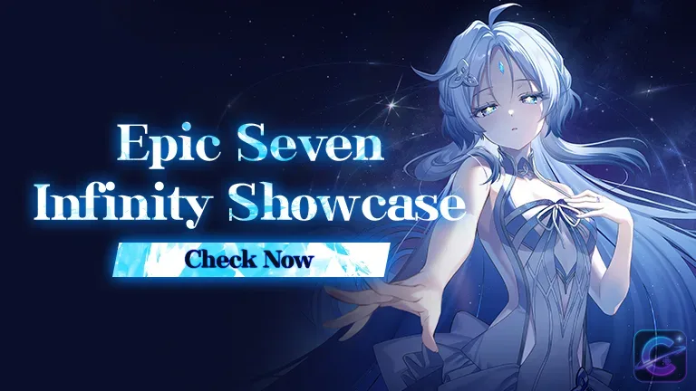A silver haired heroine reaches forward against a dark starry background beside the Infinity Showcase title.