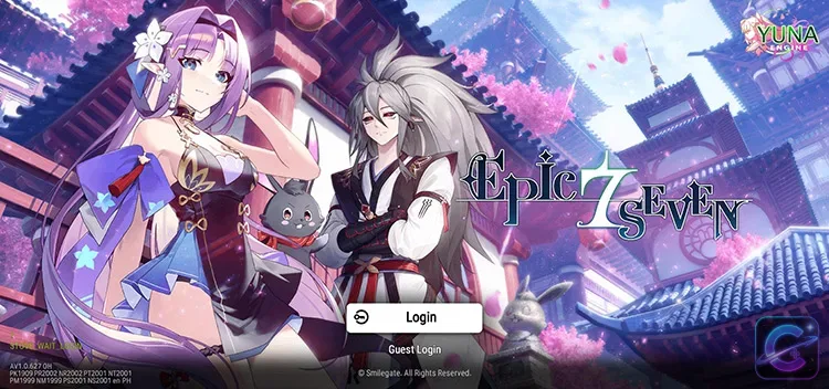 Two heroes and a small black creature stand before a lantern lit city scene behind the Epic Seven login panel.
