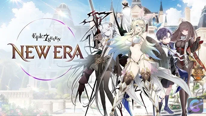 Four heroes stand together in front of a bright palace scene beside the New Era title.