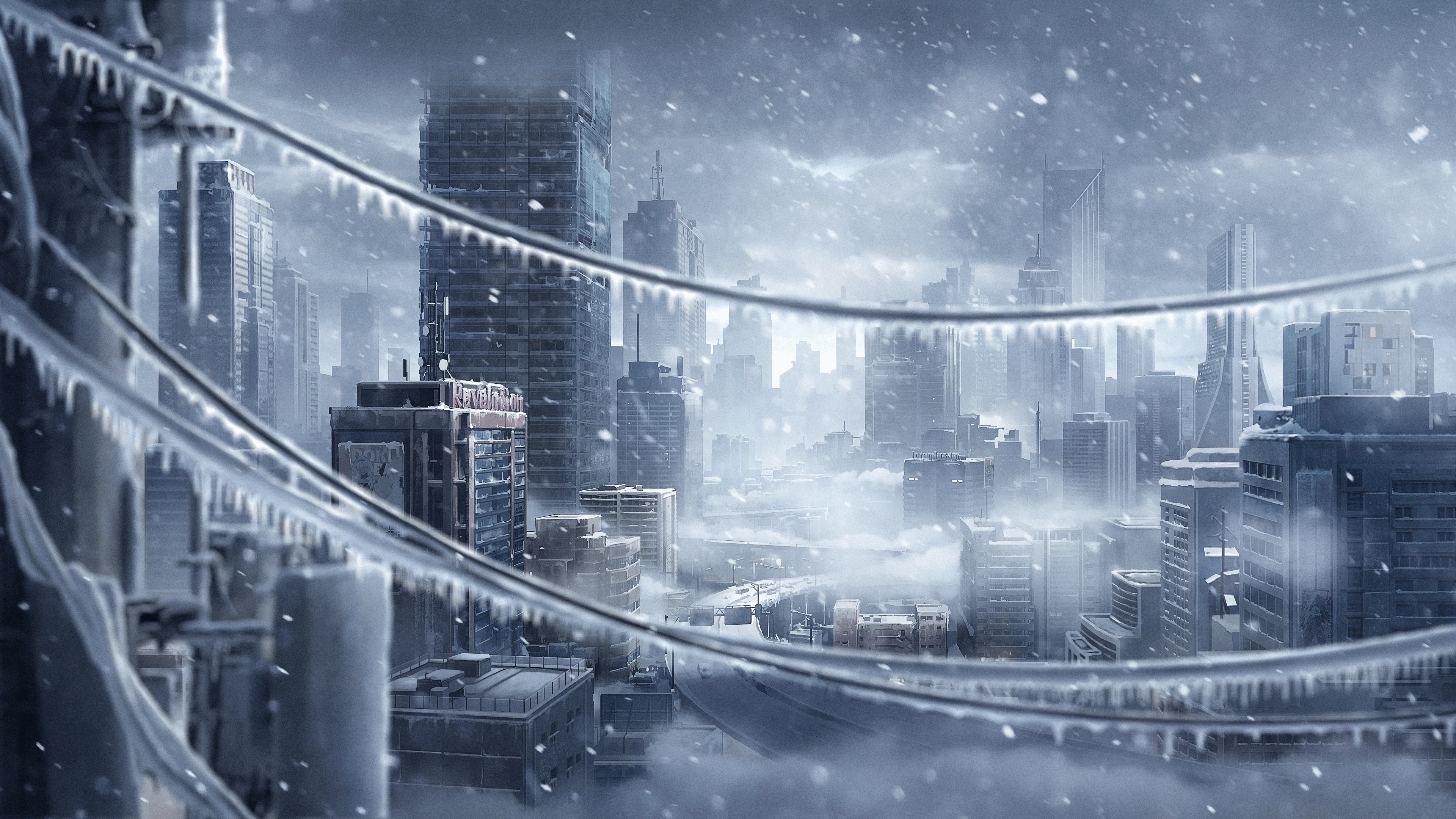 A snow-covered futuristic city in Etheria: Restart’s official world artwork.