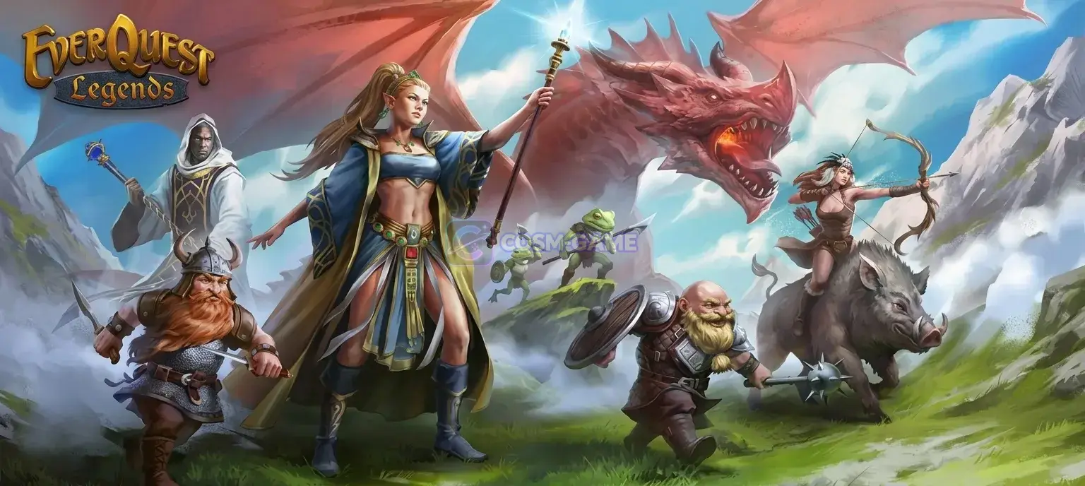 EverQuest Legends key art with fantasy adventurers, a dragon, and creatures from Norrath.