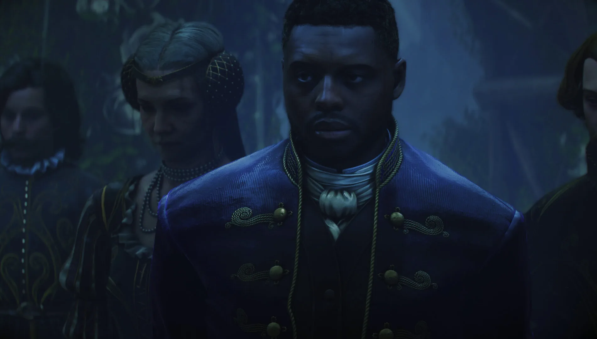 Connor wears formal purple clothing among Albion residents