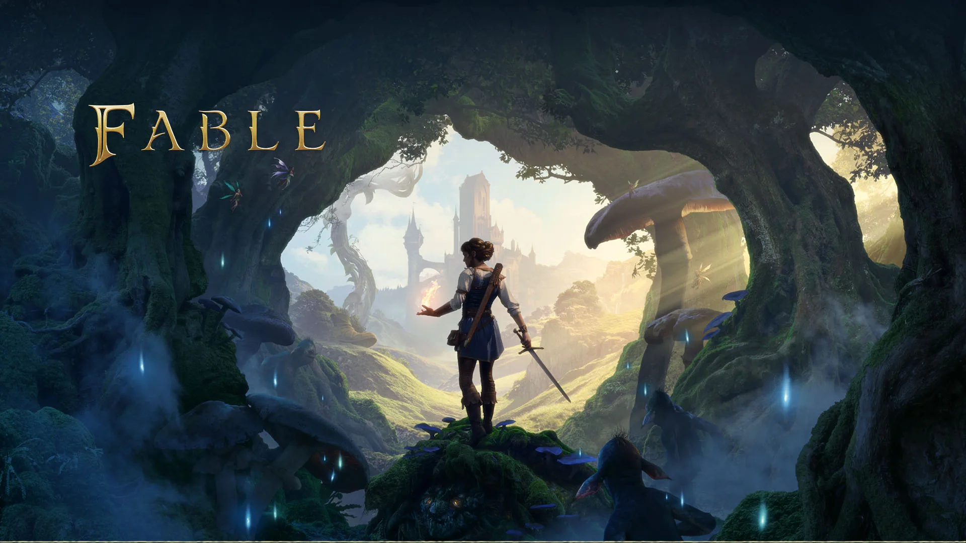 The Hero standing at the edge of an enchanted forest overlooking Albion in Fable key art