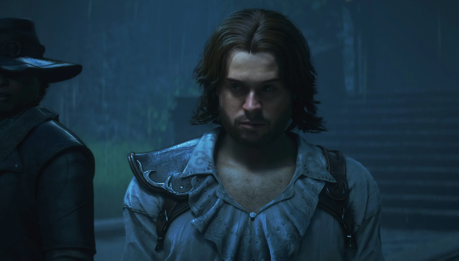 Jacob stands in the rain with another Bloodstone character behind him